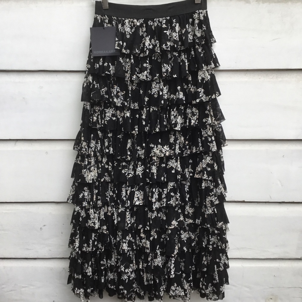 New Norma Kamali black & white layered ruffle maxi skirt delicate flowers XS